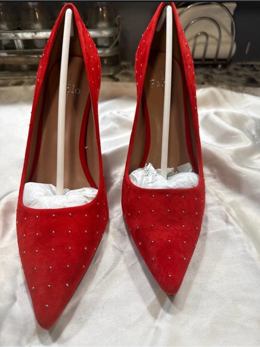 Paolo Red Studded Pointed-Toe Pumps